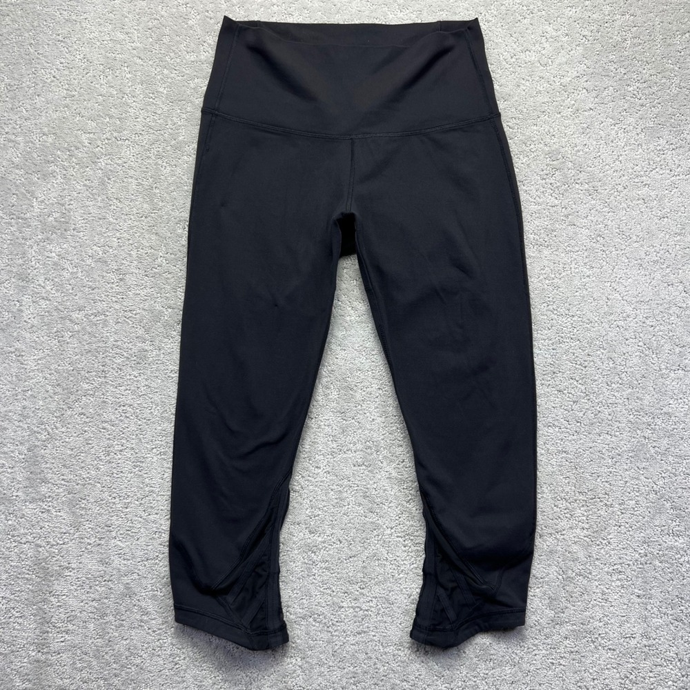 Lululemon Leggings Womens 10 Black High Cropped Mesh Panels Hem Active Yoga - Picture 1 of 14